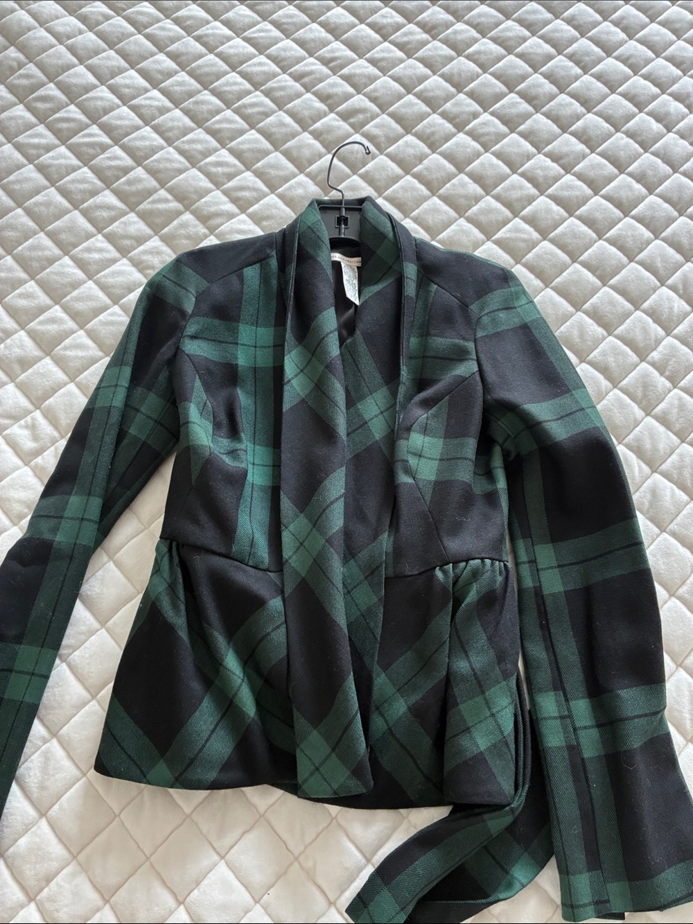 Diane Von Furstenberg Black and Forest Green Plaid Wrap Blazer with Belt - Picture 4 of 7